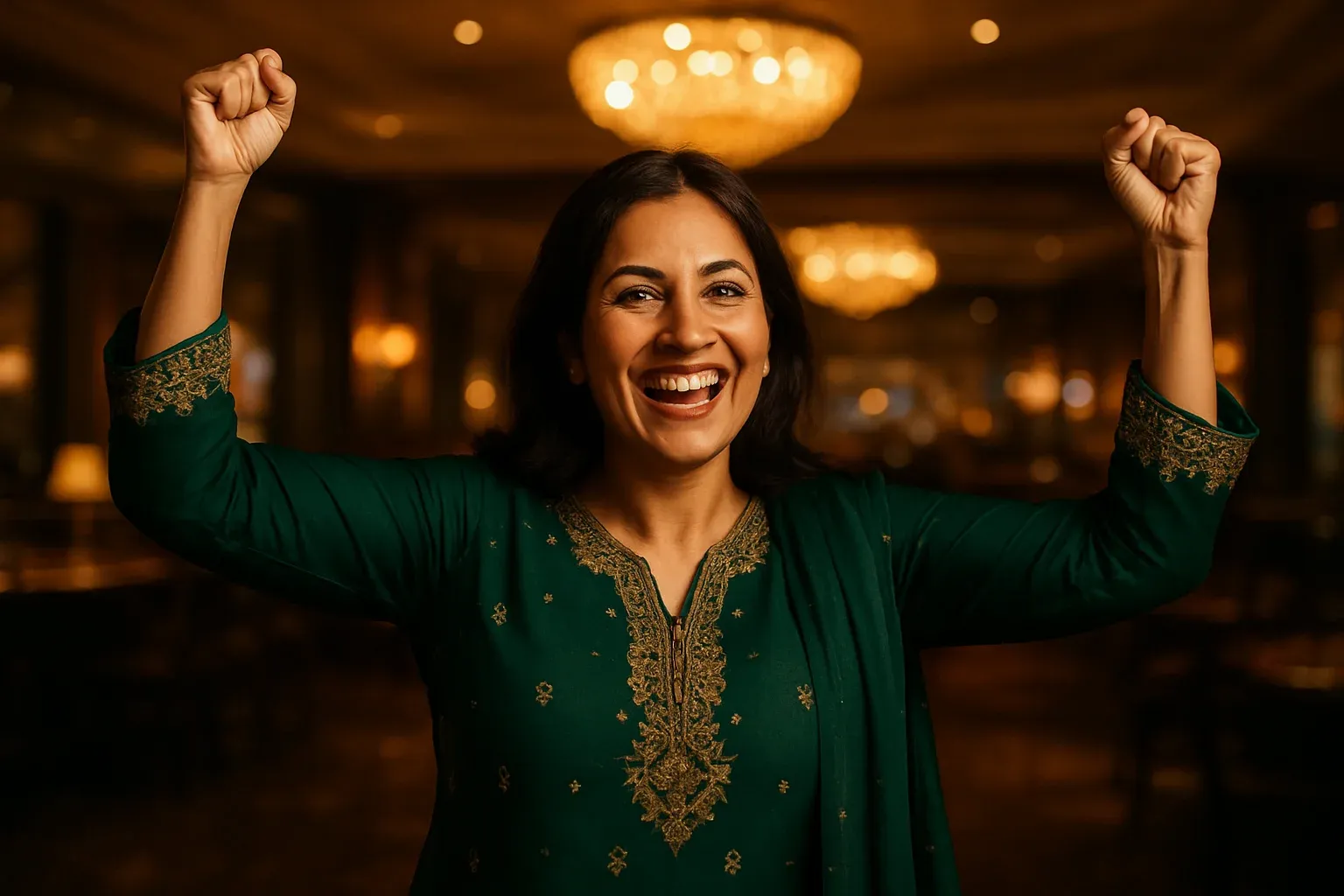 Joyful Pakistani woman in forest green shalwar kameez celebrating in VIP lounge