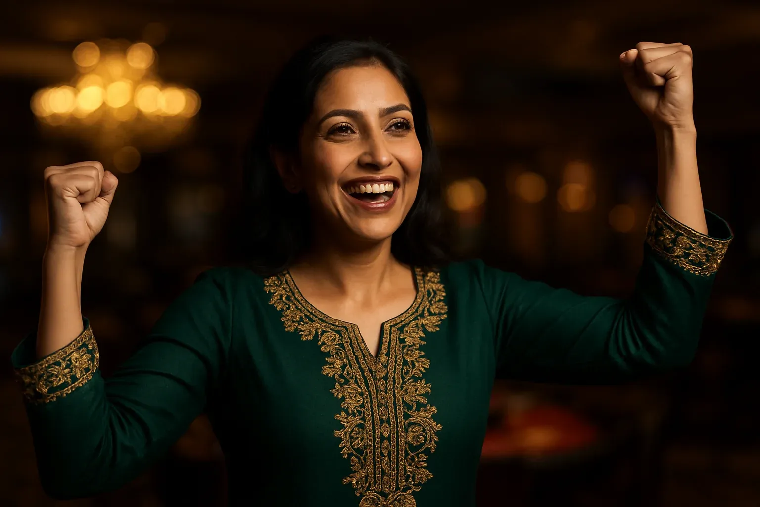 Joyful Pakistani woman in forest green shalwar kameez celebrating in casino VIP lounge