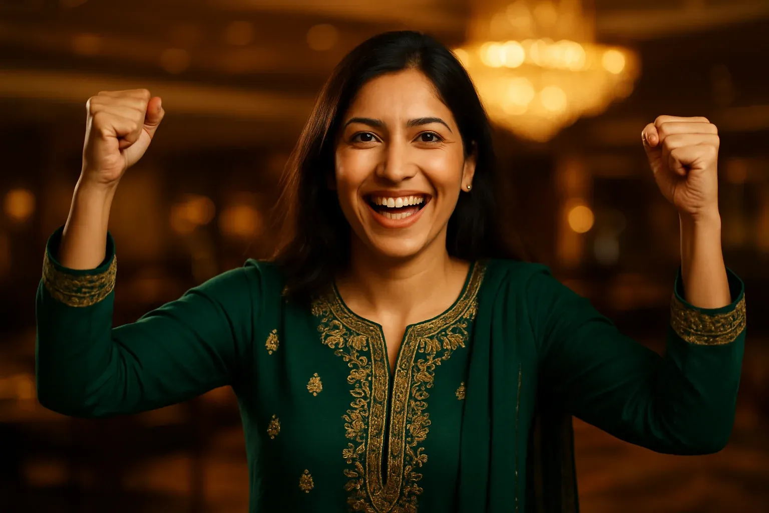 Joyful Pakistani woman celebrating sports win in VIP lounge, raised arms