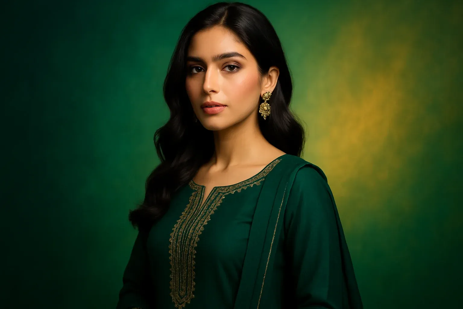 High-resolution portrait of elegant Pakistani woman in forest green shalwar kameez