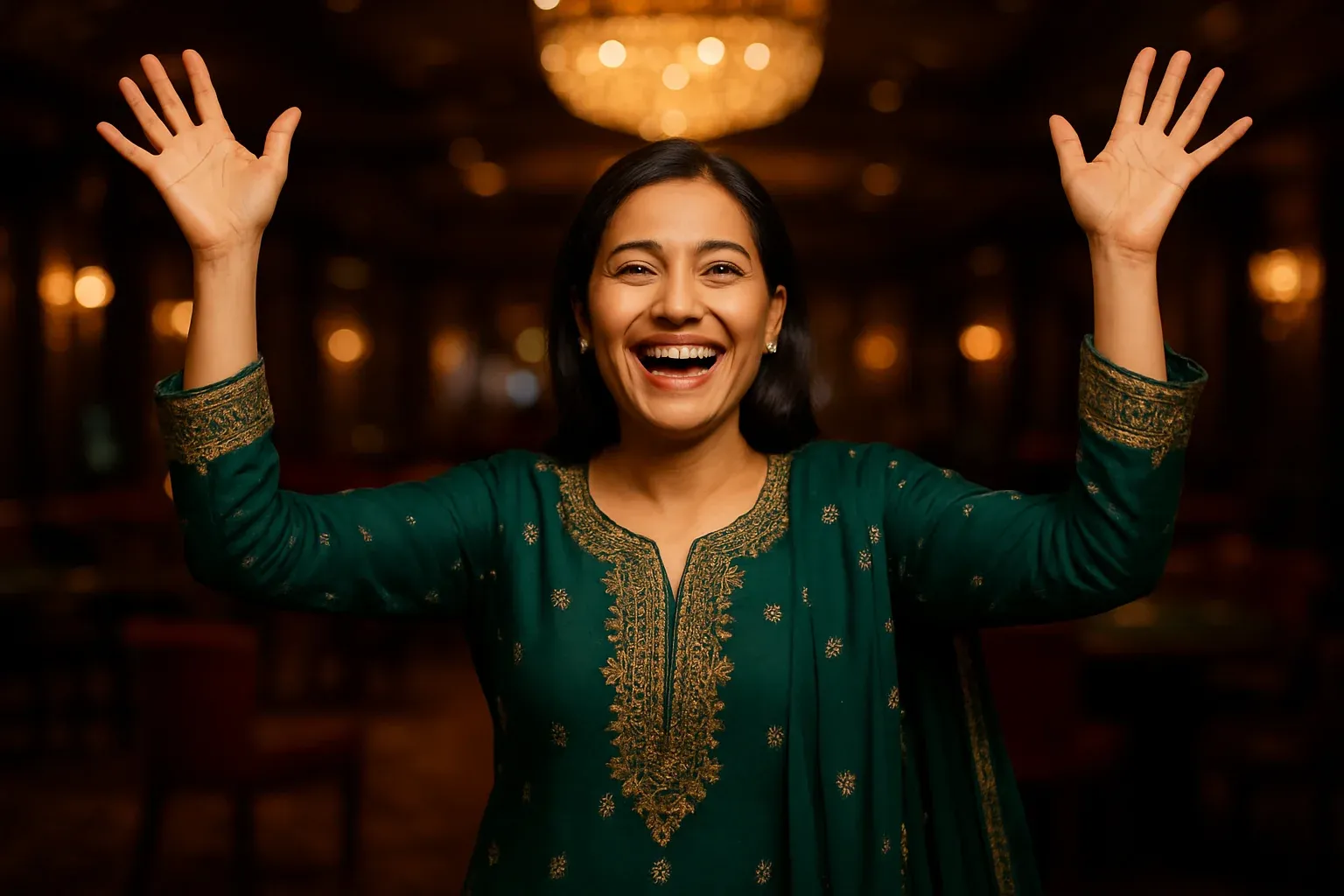 Joyful Pakistani woman in green and gold shalwar kameez in casino lounge