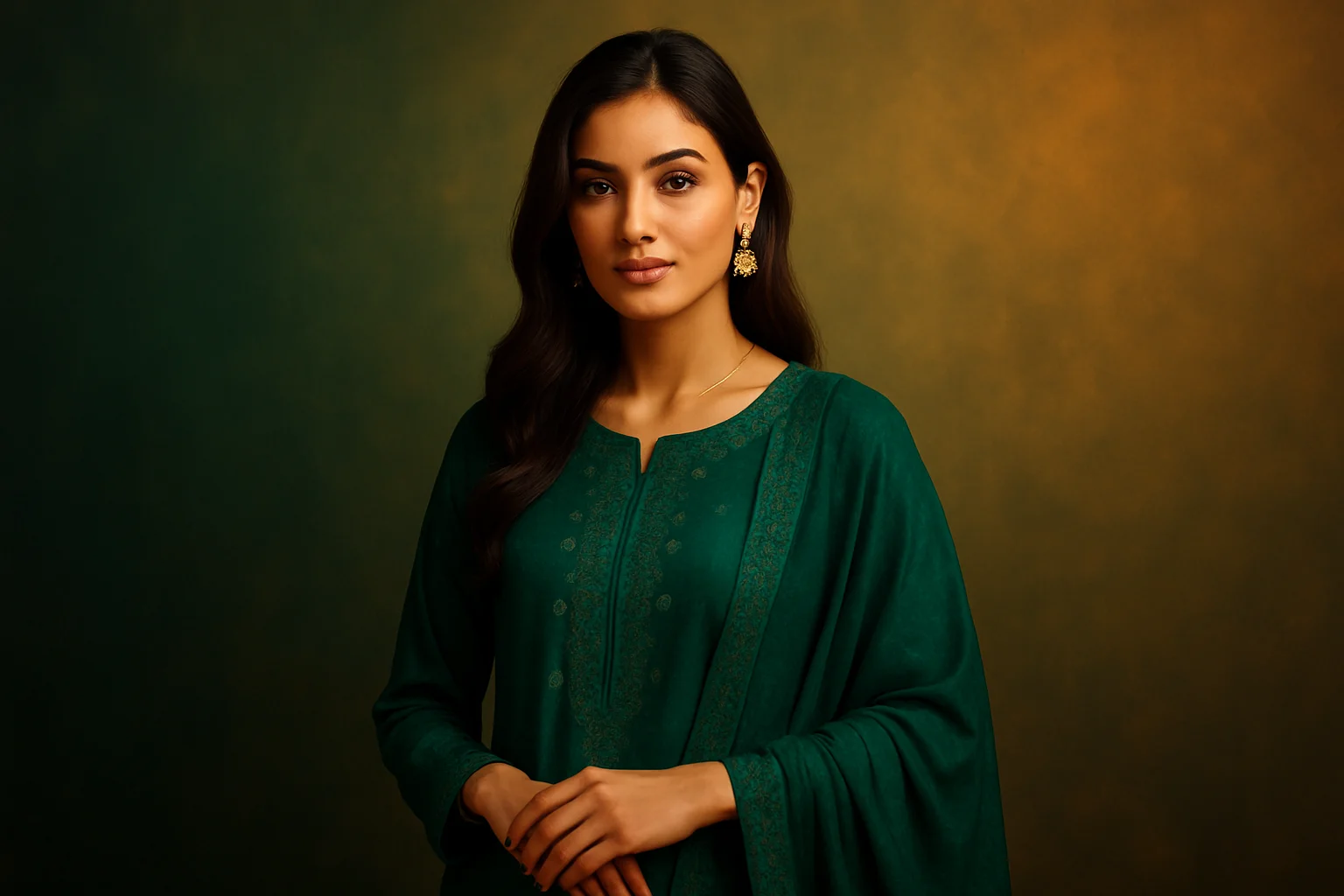High-resolution portrait of stylish Pakistani woman in green shalwar kameez
