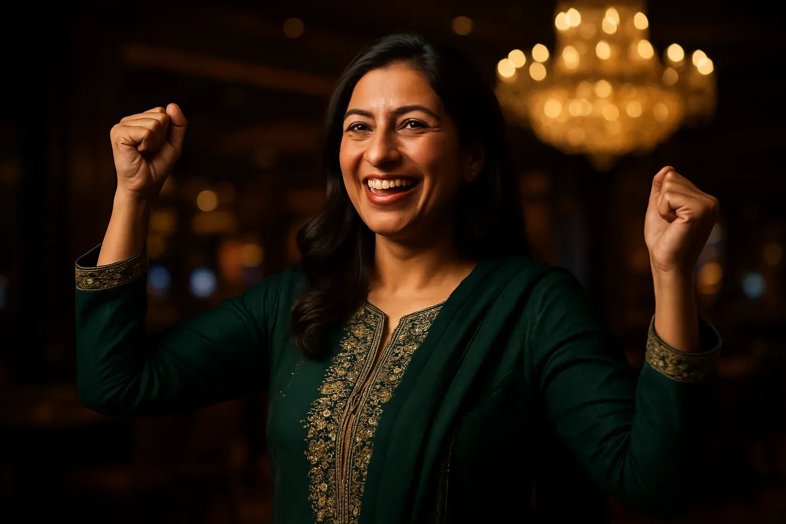 Joyful Pakistani woman in green shalwar kameez celebrating in VIP casino lounge