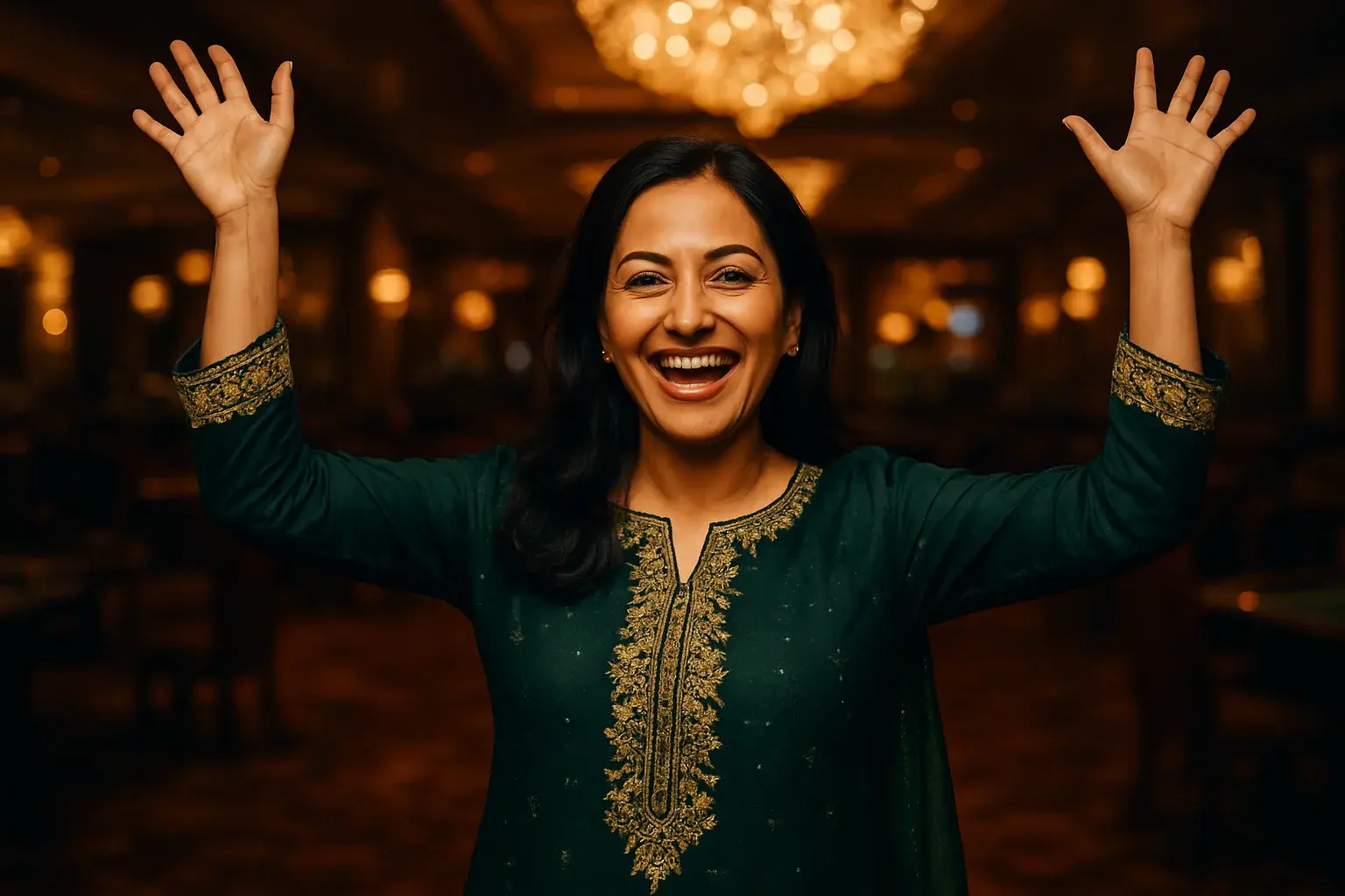 Joyful Pakistani woman in green shalwar kameez celebrating in VIP casino lounge