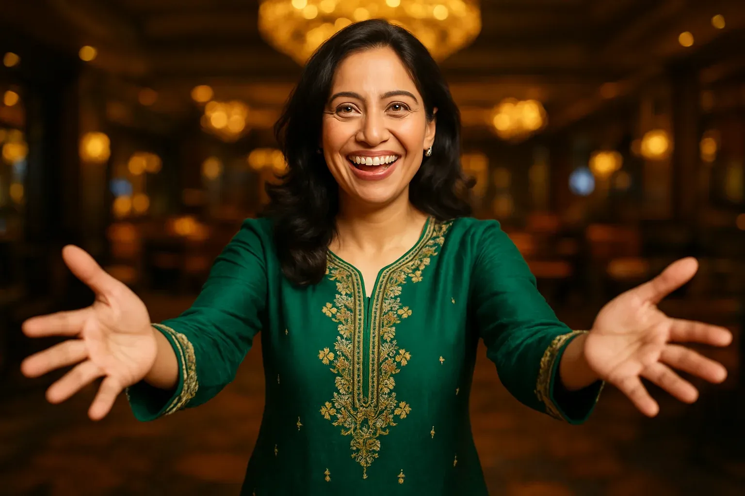 Joyful Pakistani woman in green shalwar kameez welcoming in VIP lounge