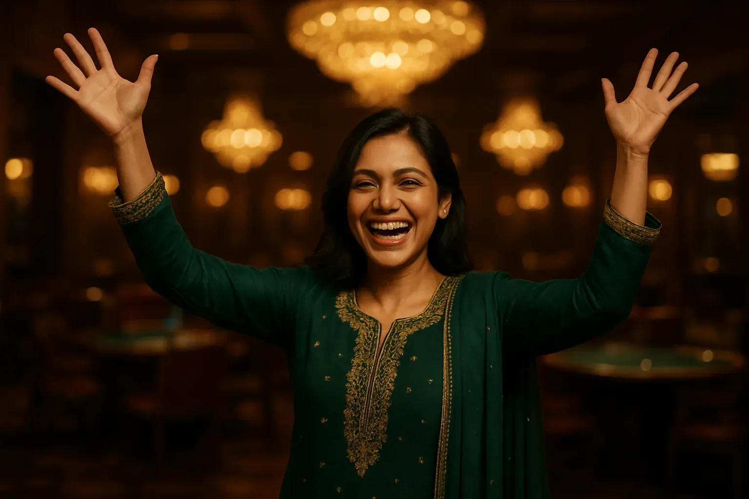 Joyful Pakistani woman in forest green shalwar kameez celebrating in VIP casino lounge