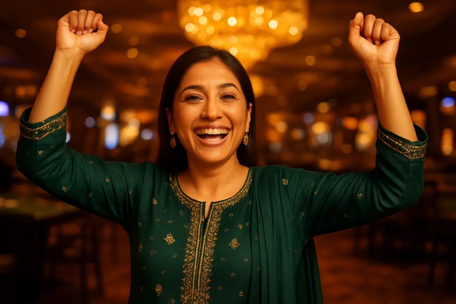 Joyful Pakistani woman cheering in VIP casino lounge with chandelier lighting