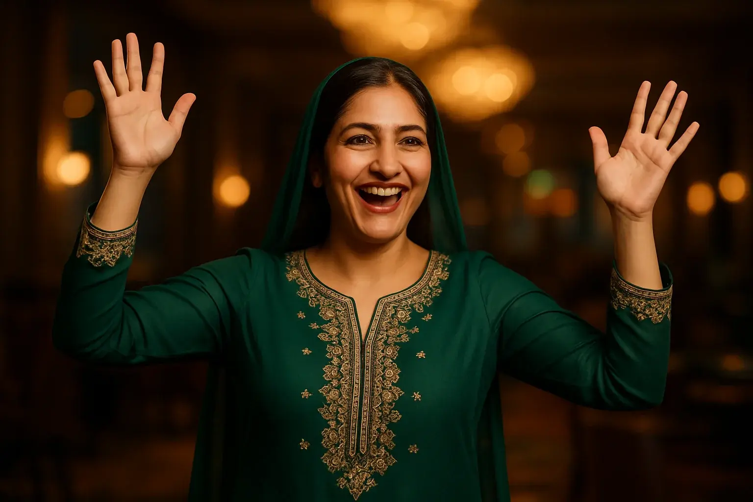 Joyful Pakistani woman in forest green shalwar kameez celebrating in VIP casino lounge